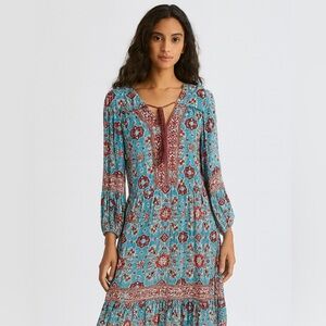 Lola P. Elegant Boho Bohemian tiered Sheer Floral Maxi Dress, Teal/Rust, S